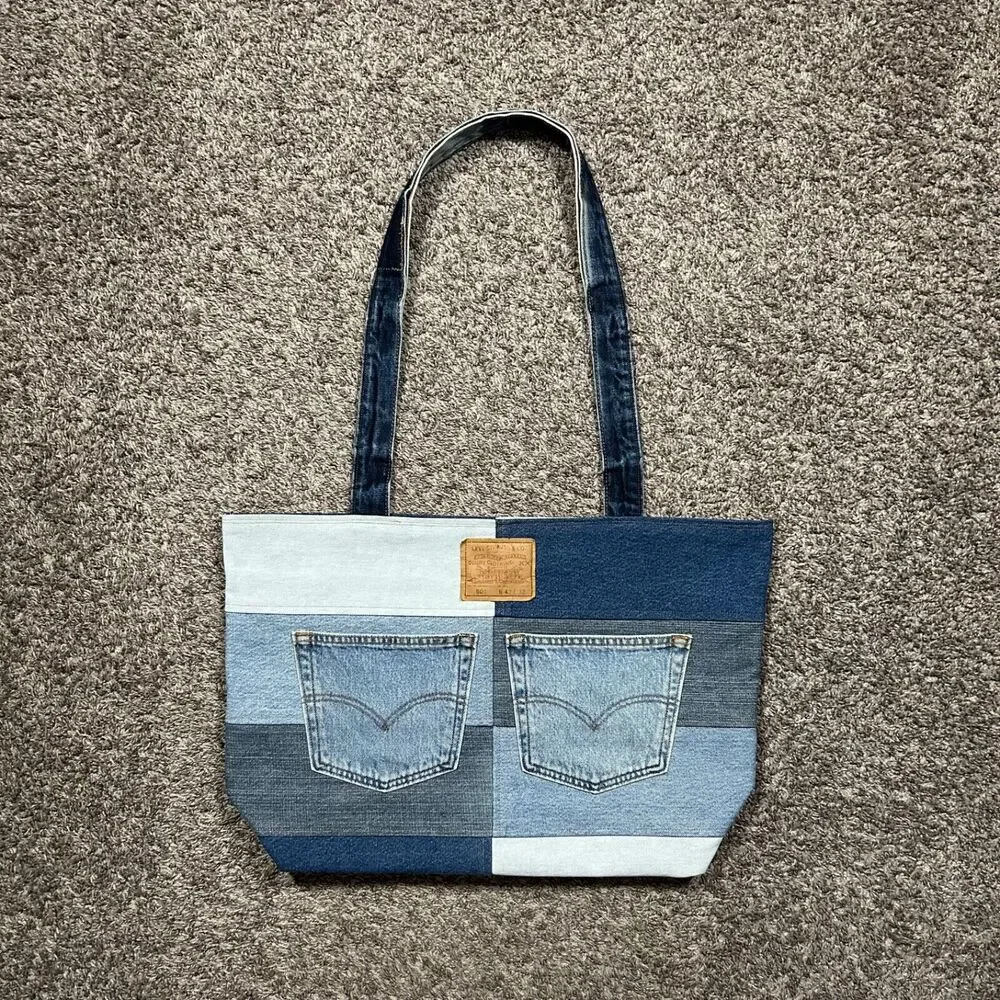 Handmade Patchwork Denim Bag Oversized Tote Shoulder Bag 16x6x14.5 Blue